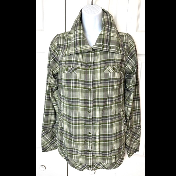EXOFFICIO Alba Funnel Neck Plaid Shirt Jacket Green Plaid Pockets Purple Hiking - Picture 3 of 16